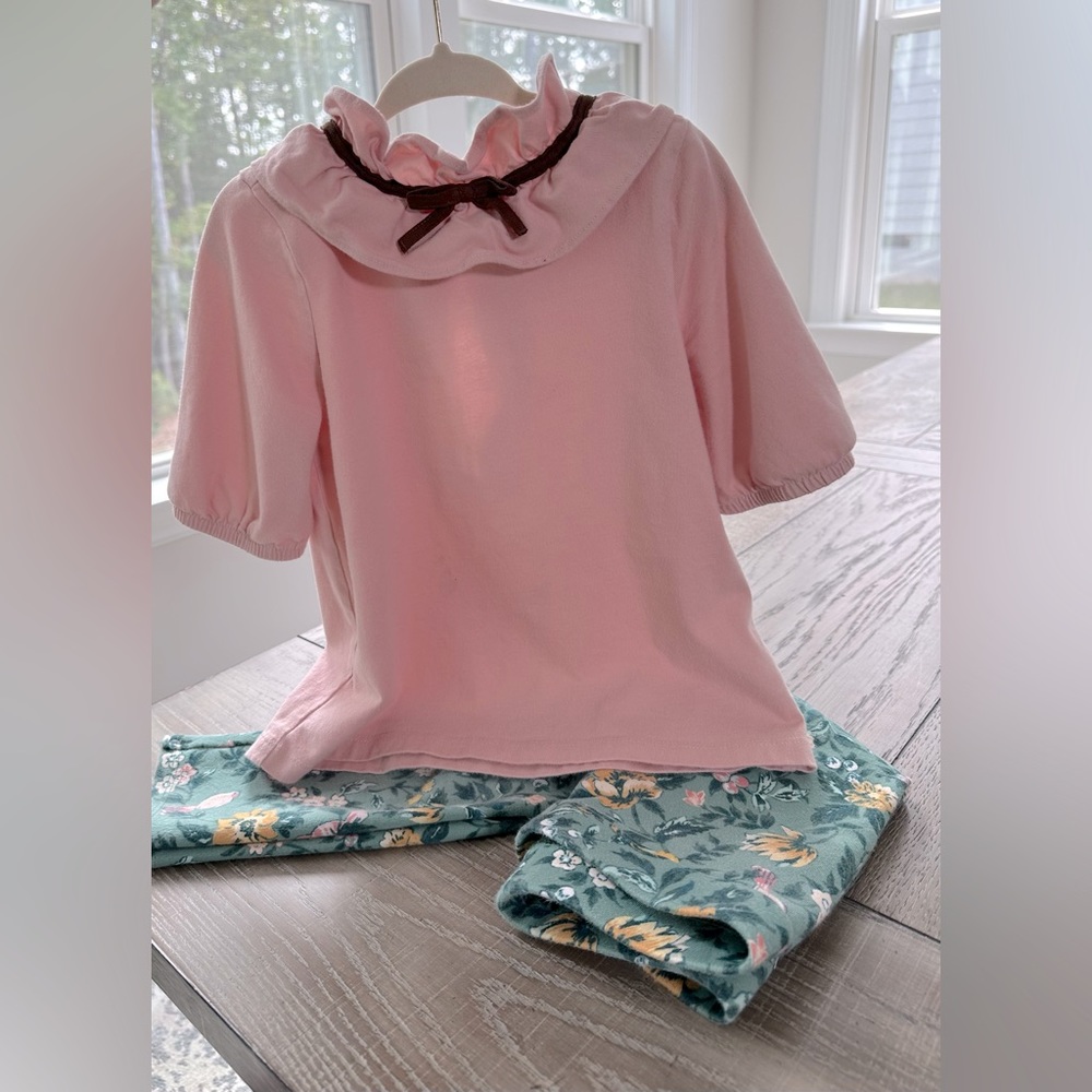 Sz 5/6 Janie and Jack Double Ruffle Bow Collar & Leggings Ensemble